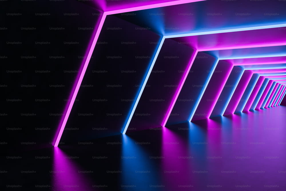 Vista lateral del pasillo futurista vacío con luces de neón púrpuras y azules. Concepto de ciencia ficción y diseño de interiores. Renderizado 3D