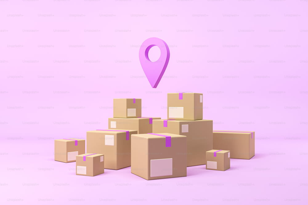 Cajas de cartón cerradas sobre fondo púrpura, una marca de ubicación flotante. Concepto de pedidos online, compras. Entrega y seguimiento de paquetería. Renderizado 3D