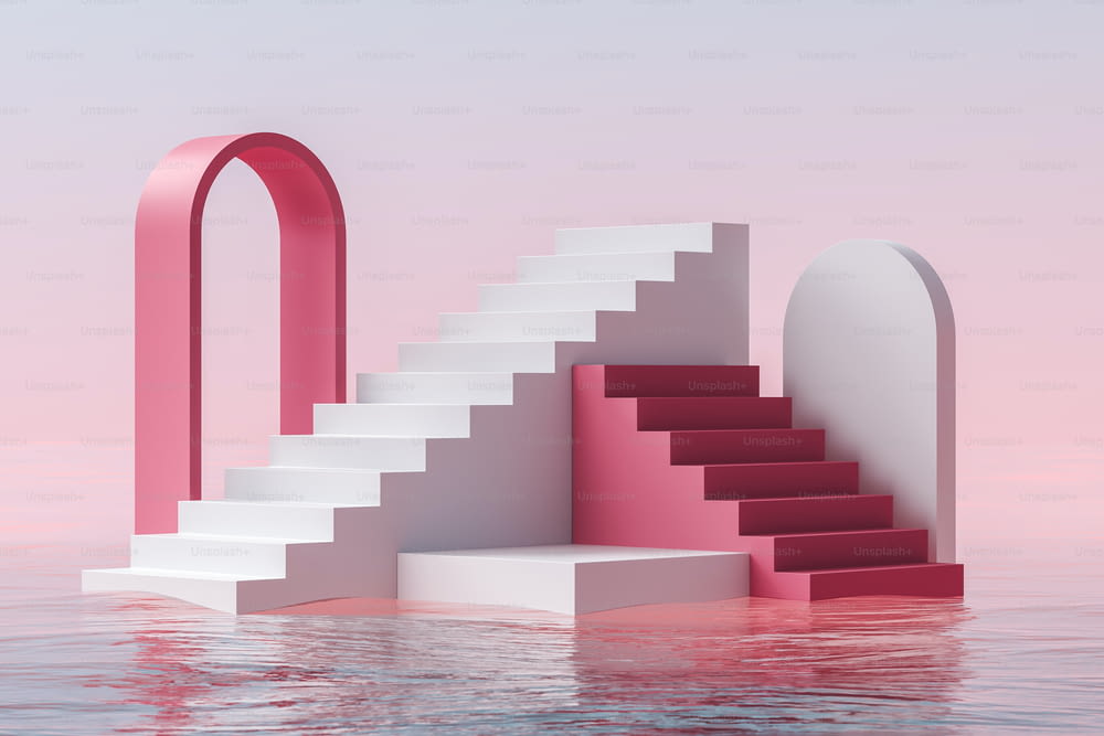 Escalera y podio en el agua, mar con formas geométricas, arco rosa y escenario blanco para la colocación de productos, espacio de copia de maquetas, renderizado 3D