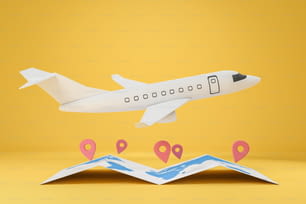 黄色の背景に世界中を飛ぶ白い飛行機、紙の地図と場所のピン。旅行と観光のコンセプト。3Dレンダリング