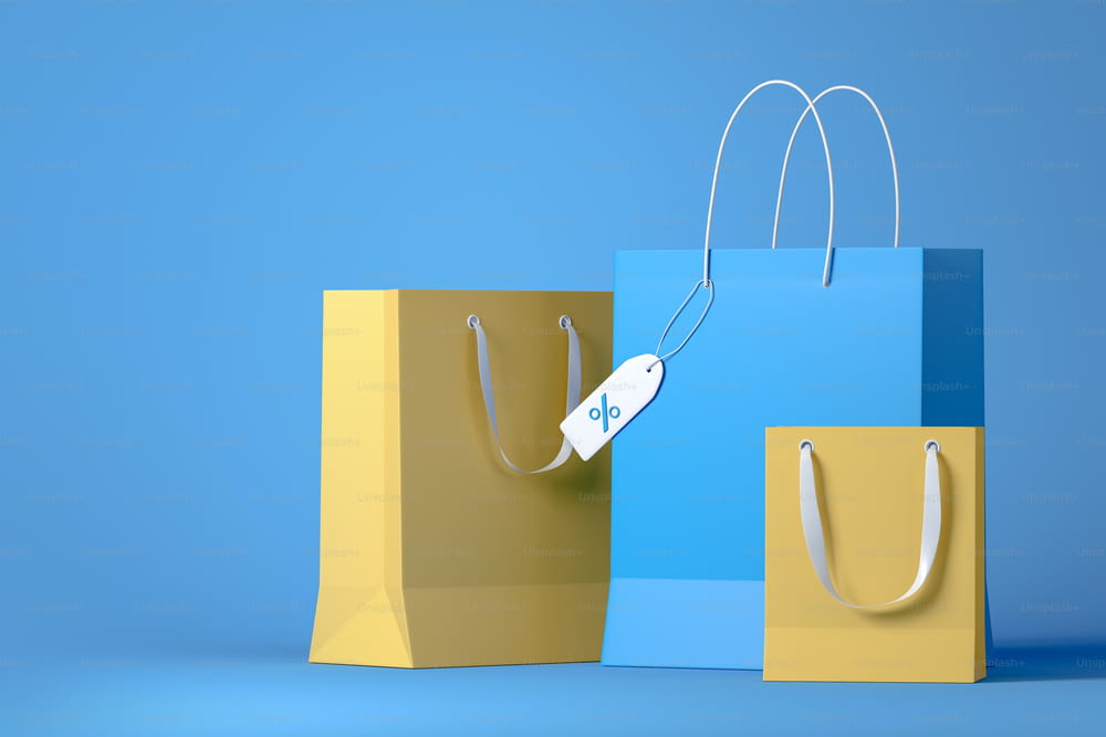 Paper packages and discount label, good price on light blue background. Concept of a special offer. Shopping bag and online order. 3D rendering