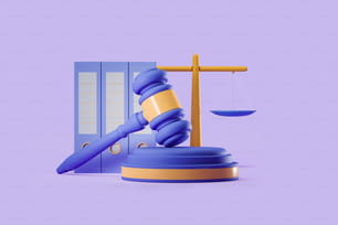Hammer- und Gesetzesakten, Skalen auf violettem Hintergrund. Konzept von Gerechtigkeit und Gerichtsbarkeit. 3D-Rendering