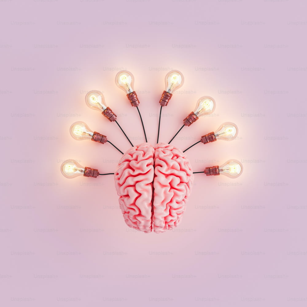 여러 개의 전구가 연결되고 조명이 켜진 뇌의 평면도. 교육, 아이디어 및 학습의 개념입니다. 3D 렌더링