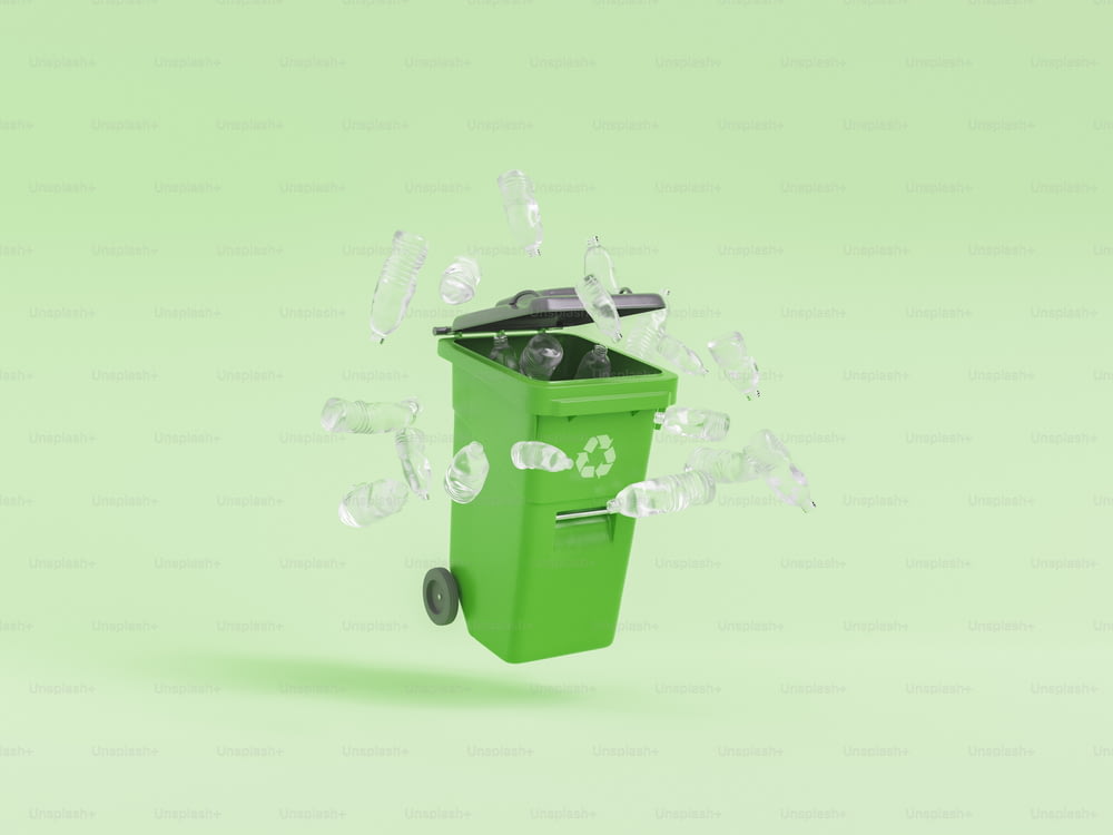 녹색 배경에 떠 있는 플라스틱 병의 무리가 있는 재활용 쓰레기통의 3D 그림