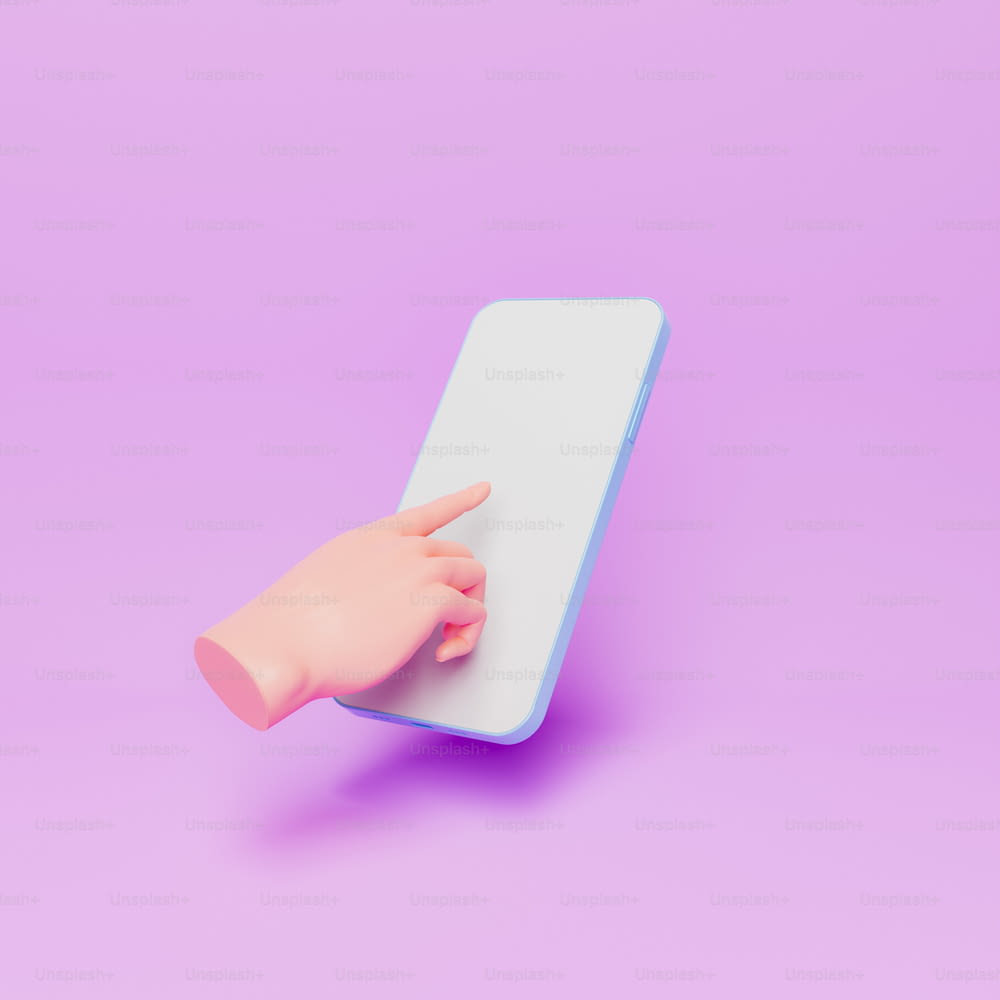 abstract hand touching the screen of a cell phone floating in the air. minimal concept of technology, apps and online shopping. 3d rendering