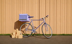 Street delivery bike with backpack and shipping packages on the ground with wooden background in daylight. 3d rendering