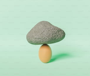 Escena minimalista de un huevo con una roca pesada en la parte superior sobre fondo pastel. Renderizado 3D