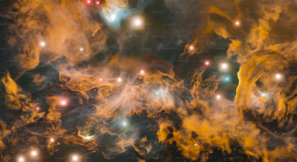 Sfondo di nebulosa dorata con stelle luminose e nubi di gas. concetto di scienza, astronomia e spazio profondo. Rendering 3D