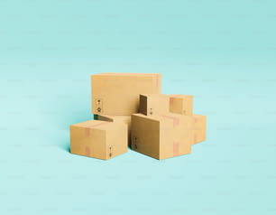 Pacchetti di consegna minimali impilati su sfondo pastello. Consegna a domicilio, shopping online e concetto di stoccaggio. Rendering 3D