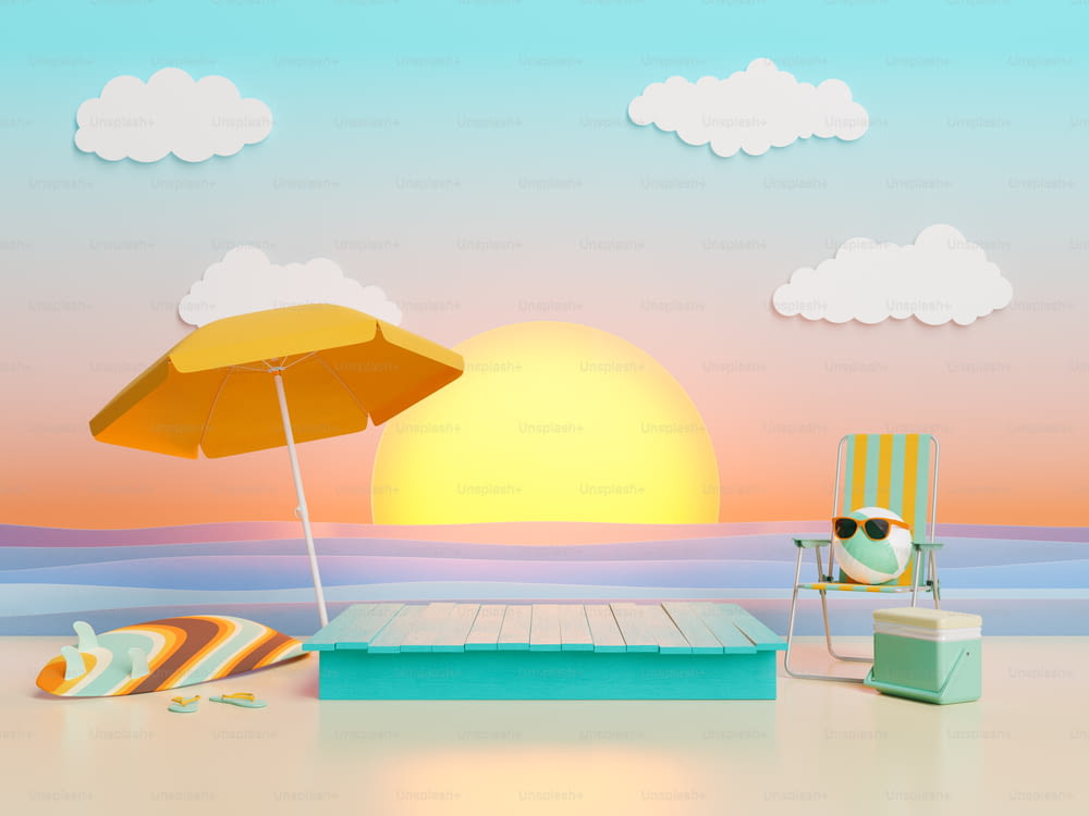 Wooden stand for product display with beach accessories around and artificial sunset in the background. 3d rendering