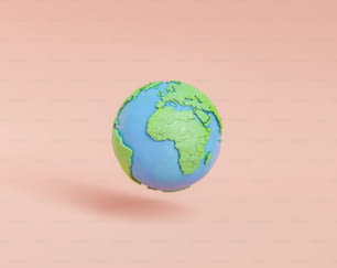 生態学のコンセプトとして、ピンクの背景に青い海と緑の大陸が浮かぶ惑星地球の3Dイラスト