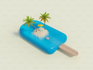 mar en forma de helado y una isla en el centro con silla de playa y palmeras. Concepto de verano, vacaciones, resorts, tropical, viajes y refrescar. Renderizado 3D