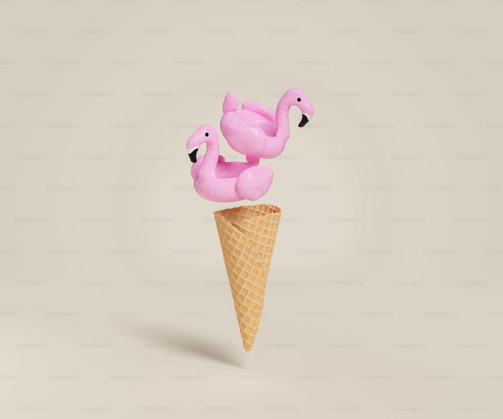 Flamingo floats suspended over a cookie ice cream cone. 3d rendering