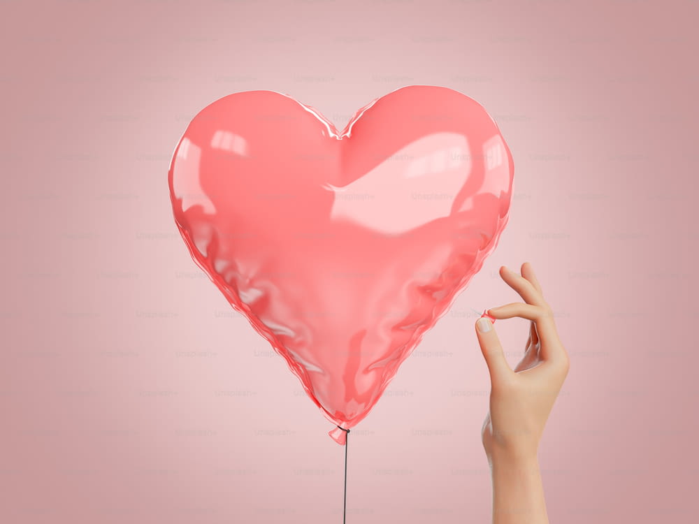 Hand mit einer Stecknadel neben einem herzförmigen Globus. Valentinstag-Konzept, Herzschmerz, Liebe und Spannung. 3D-Rendering