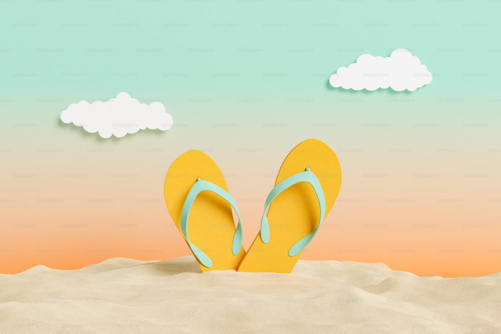 flip flops on beach sand with sunset studio background and artificial clouds. summer concept. 3d rendering