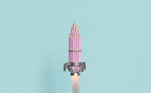 Handgemachte Rakete mit Bleistiften, abheben und schießen. 3D-Rendering
