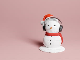 Muñeco de nieve con auriculares y sombrero de Papá Noel. Renderizado 3D
