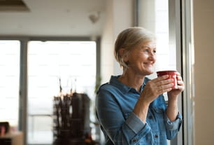 Belle femme âgée à la maison debout à la fenêtre de son salon tenant une tasse de café ou de thé, souriante