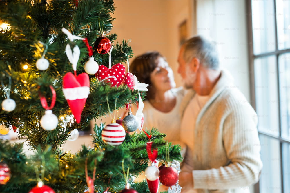 Senior couple decorating Christmas tree at home. Man and woman looking at each other. Feeling happy.