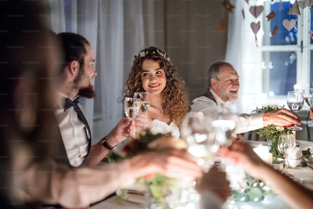 A bride and groom and other guests sitting at a table on a wedding, clinking glasses.