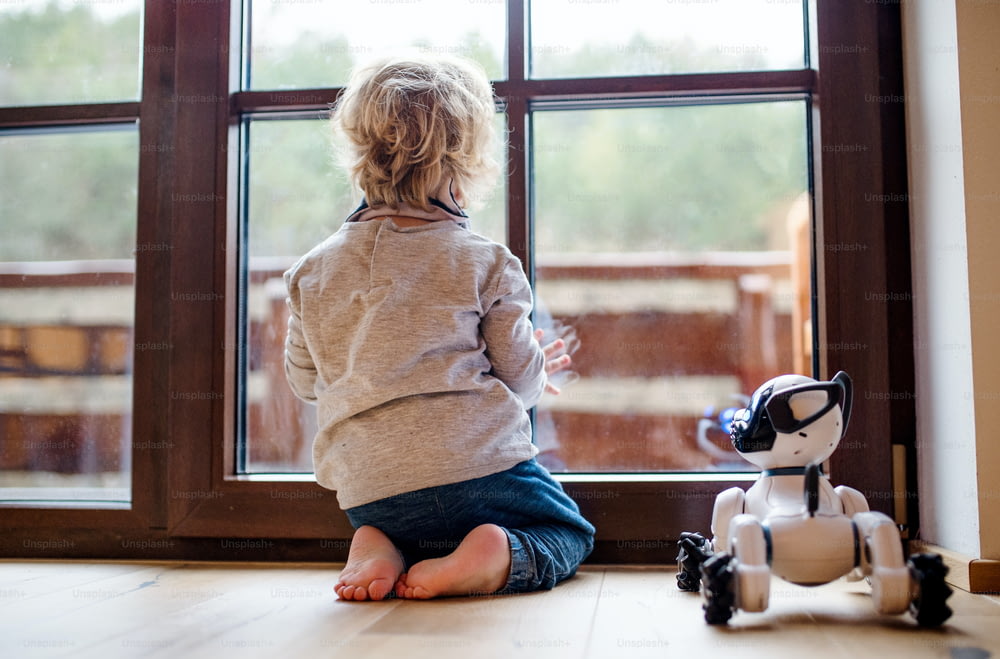 Une vue arrière d’un mignon petit garçon assis sur le sol à l’intérieur de la maison, jouant avec un chien robotique.