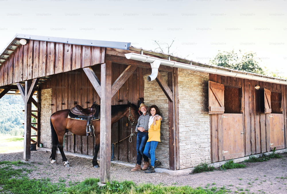 木造の馬小屋の前に立つ茶色の馬を乗せた老夫婦。