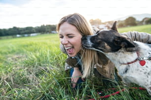 Beautiful young woman on a walk with a dog in green sunny nature, dog licking her face