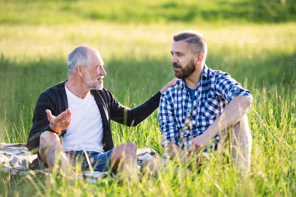 Ein erwachsener Hipster-Sohn mit seinem älteren Vater sitzt auf dem Rasen in sonniger Natur.