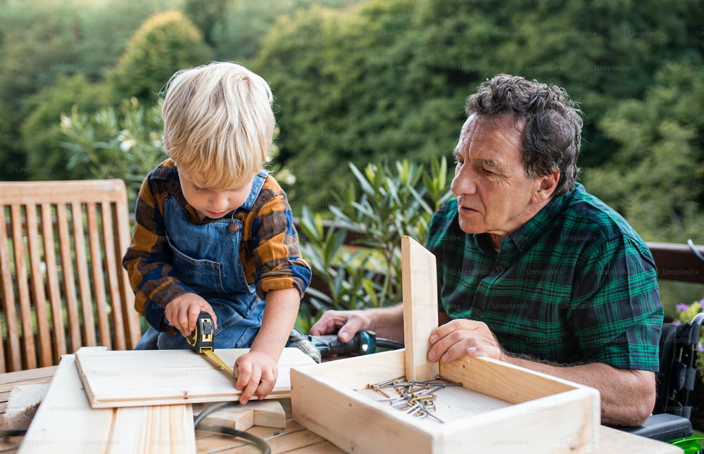 Happy small boy with senior grandfather in wheelchair constructing birdhouse, diy project.