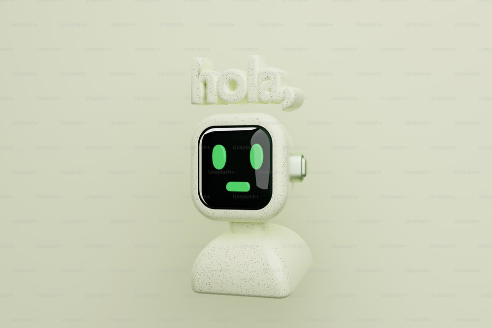 um robô branco com olhos verdes e um sorriso no rosto