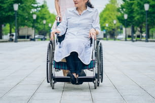 Una donna su una sedia a rotelle e una donna in un grembiule per prendersi cura all'aperto
