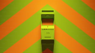녹색 주황색 갈매기 모양 패턴 배경 3d 그림 렌더링이 있는 녹색 주황색 아케이드 기계