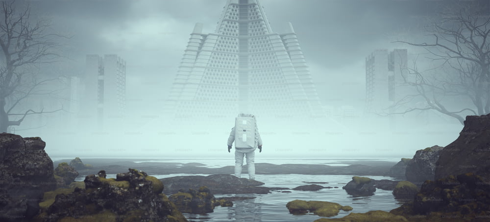 Astronaut Alien Landschaft in der Nähe einer nebligen verlassenen Architektur im brutalistischen Stil in der Ferne 3D-Illustration rendern