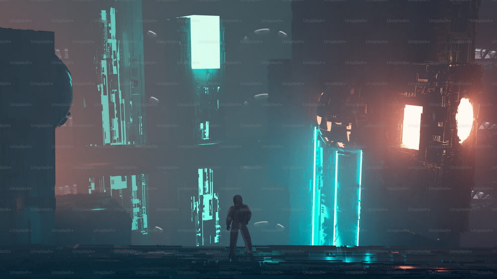 Astronaut vor futuristischer Stadt mit Neonlichtern. Science-Fiction und futuristisches Innovationskonzept. Dies ist eine 3D-Render-Illustration .