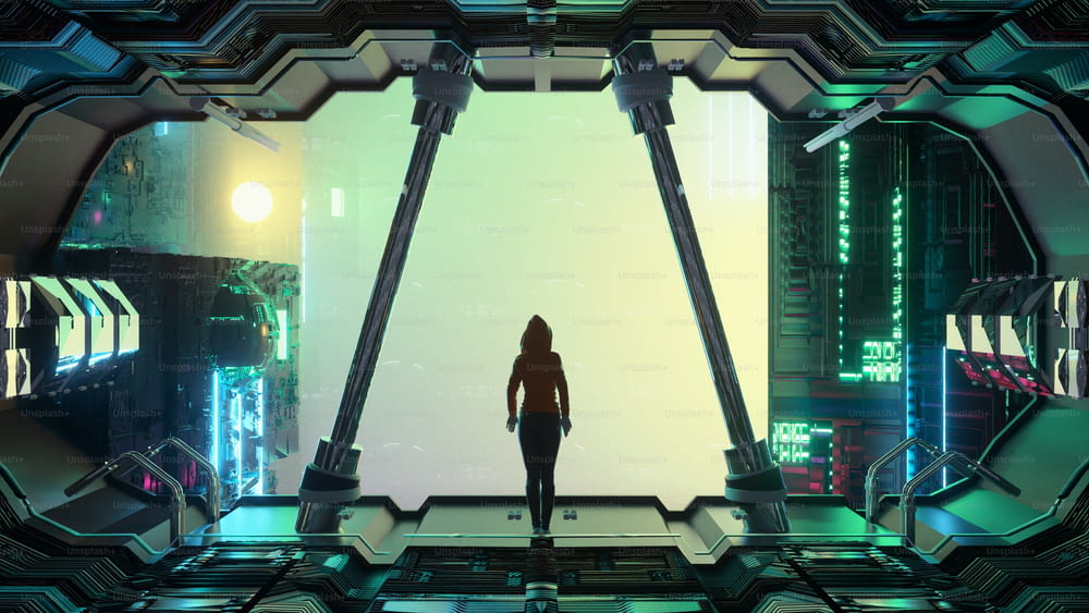 Dystopian city with a woman standing on structure . Sci fi concept . This is a 3d render illustration .