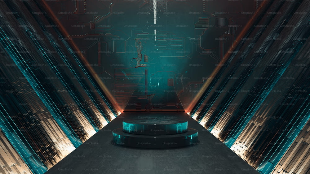 Platform in a futuristic and colorful background . This is a 3d render illustration .
