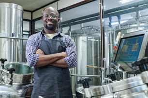 Retrato do engenheiro afro-americano sorrindo para a câmera em pé com os braços cruzados, ele trabalhando na cervejaria moderna
