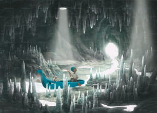 Hope concept illustration. boy paddle green boat with his cute dog in cave , fantasy painting