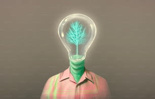 전구와 빛나는 나무 머리를 가진 상상의 인간, 상상력 창조적 개념 그림, 행복, 초현실적인 예술