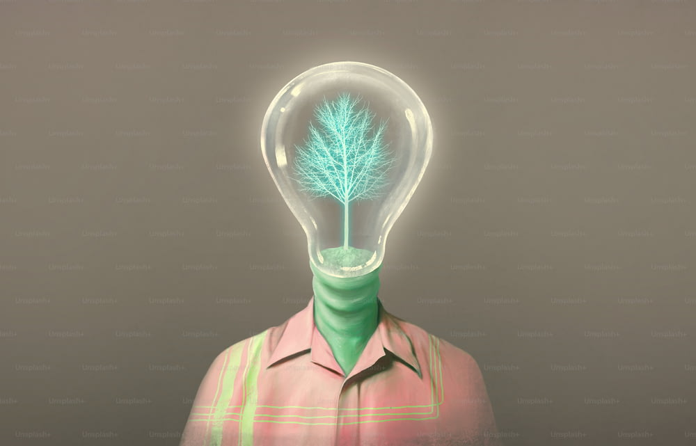 Imagination human with light bulb and glowing tree head, imagination creative concept painting illustration, happiness, surreal art
