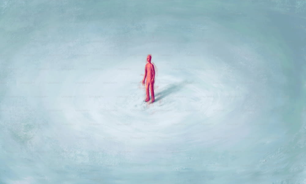 Homem vermelho sozinho na neve, pintura surreal, solitário, solidão