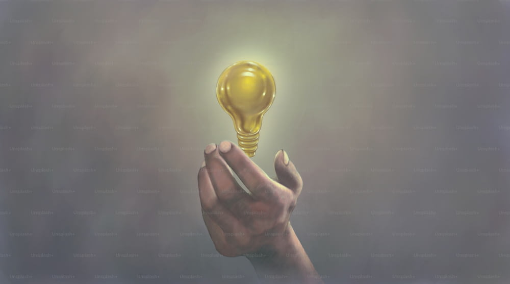 Idea concept of inspiration and creativity, surreal painting, hand with floating light bulb, conceptual art, imagination artwork, 3d illustration