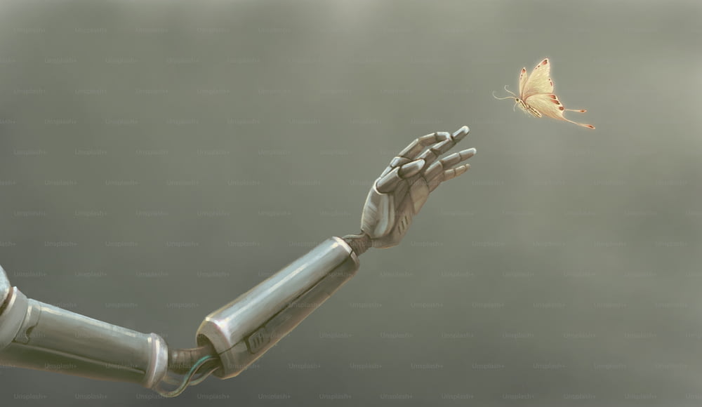 Art surréaliste du robot avec papillon, idée de concept de liberté et d’espoir, illustration conceptuelle