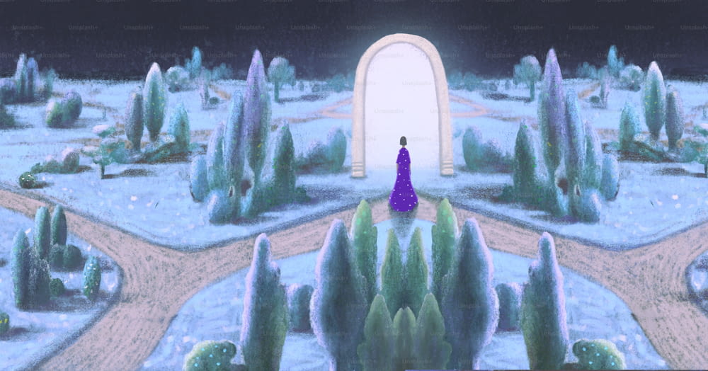 Femme avec une porte dans un paysage fantastique. Concept art du mystère de la motivation de l’espoir de rêve. Peinture surréaliste,