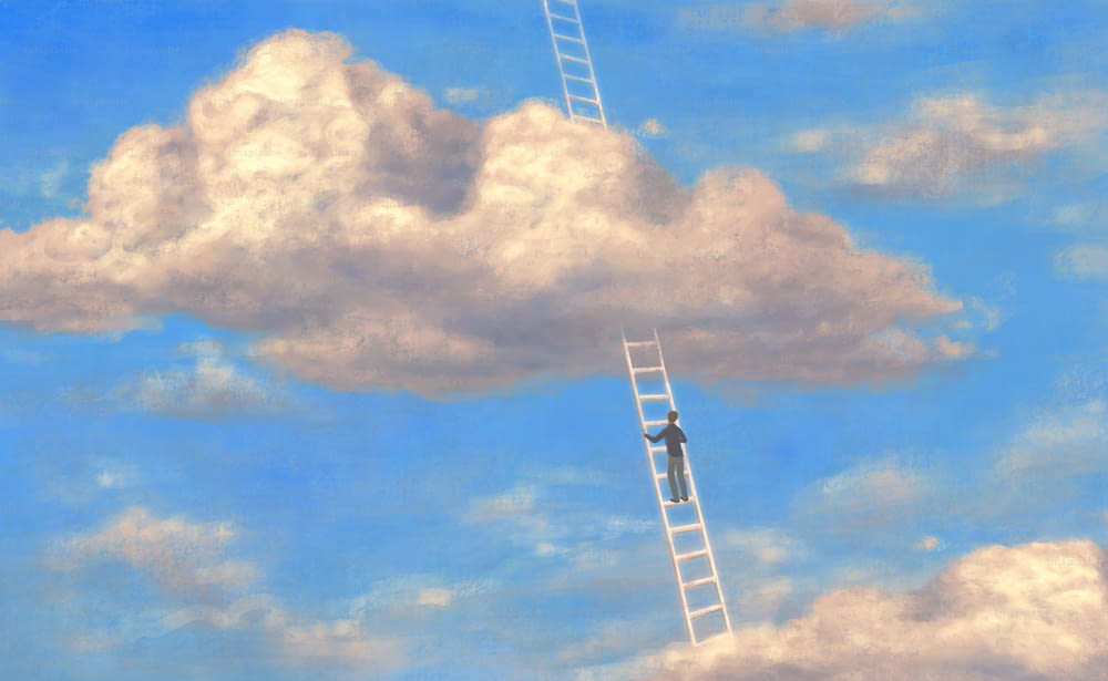 Arte conceptual, pintura surrealista, hombre con escalera en el cielo, pintura de nubes, �éxito, esperanza, ambición del cielo y concepto de sueño, ilustración 3d