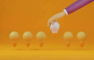 オレンジ色の背景に黄色の電球の間に白い電球を持つ手は、異なる創造性の優れたアイデア思考。3Dレ�ンダリングイラスト