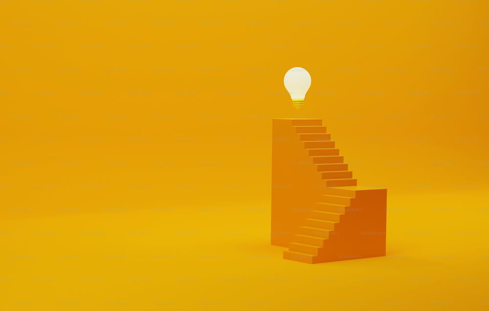 黄橙色の背景に大きな電球への階段。ビジネスの成功につながる創造的な成長。3Dレンダリングイラスト。