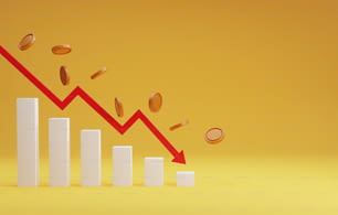 Gráfico de seta vermelha apontando para baixo pilha de moedas caindo com gráfico de barras em declínio no fundo amarelo. recessão crise financeira inflação. Ilustração de renderização 3D.