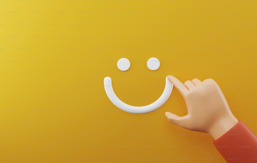 노란색 배경에 행복한 얼굴 아이콘을 손으로 쓰고 있다. 긍정적인 정신 건강 평가 좋은 고객 피드백 리뷰에서 얻은 만족도를 평가합니다. 3D 렌더링 그림