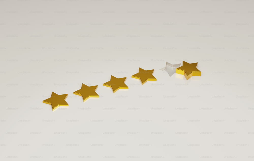 Five star gradient gold star quality ranking icon. Rating customer satisfaction service quality level evaluation, shiny feedback. 3d render illustration.